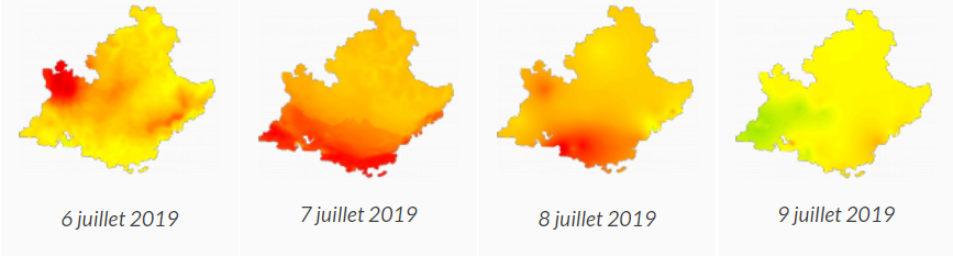 Carte des concentrations journalières en ozone en Provence-Alpes-Côte d’Azur (juillet 2019)