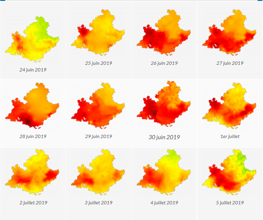 Carte des concentrations journalières en ozone en Provence-Alpes-Côte d’Azur (juin/juillet 2019)