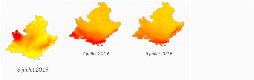 Carte des concentrations journalières en ozone en Provence-Alpes-Côte d’Azur (juillet 2019)