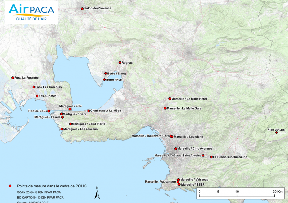 localisation des points de mesure de l'étude POLIS