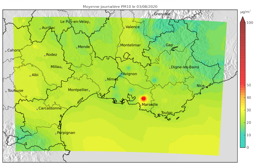 carte de pm10 journalier en région sud (03 août 2020)