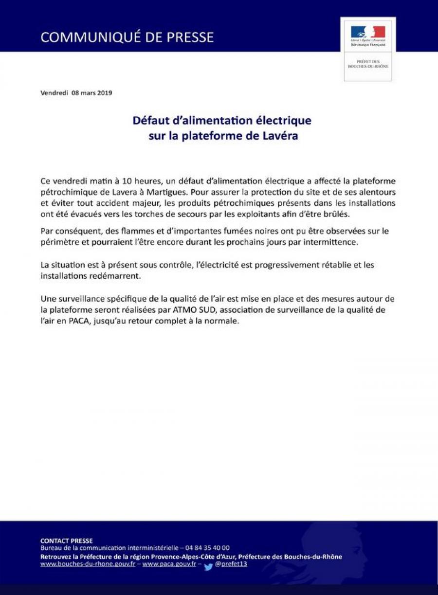08 mars 2019 - Communiqué de Presse de la Prefecture sur le défaut d'alimentation électrique de la plateforme Lavera