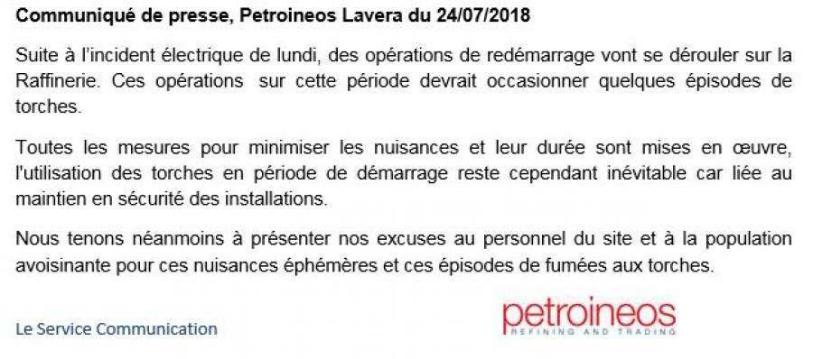 Communiqué de presse Petroineos Lavera du 24 juillet 2018