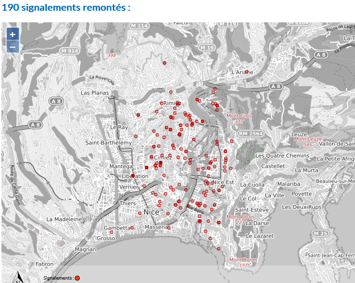 Carte des signalements d'odeurs à Nice le 15 février 2024