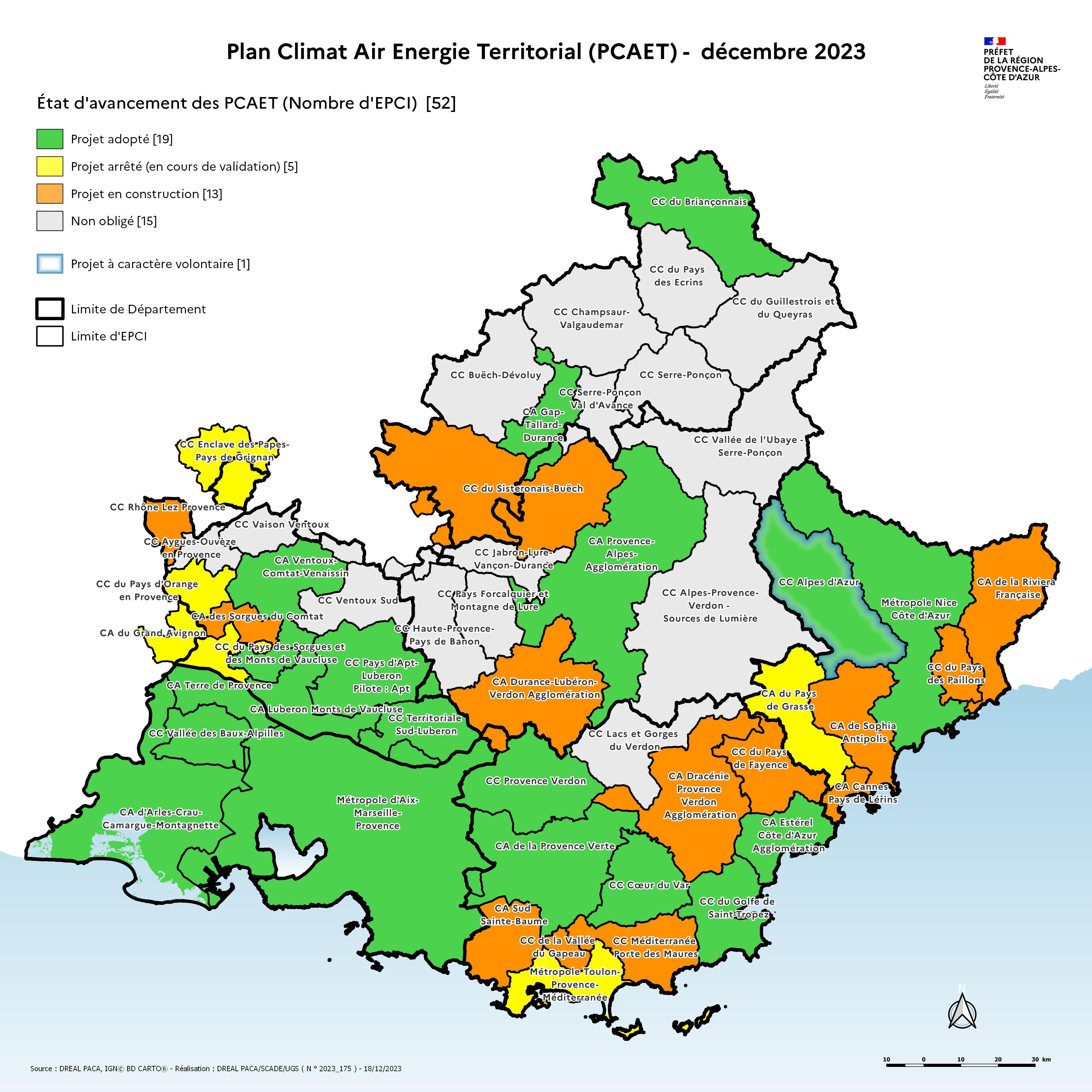 carte des PCAET en région Sud - décembre 2023