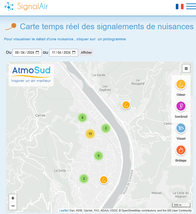 Carte des signalements de nuisances à Carros du 8 au 11 avril 2024