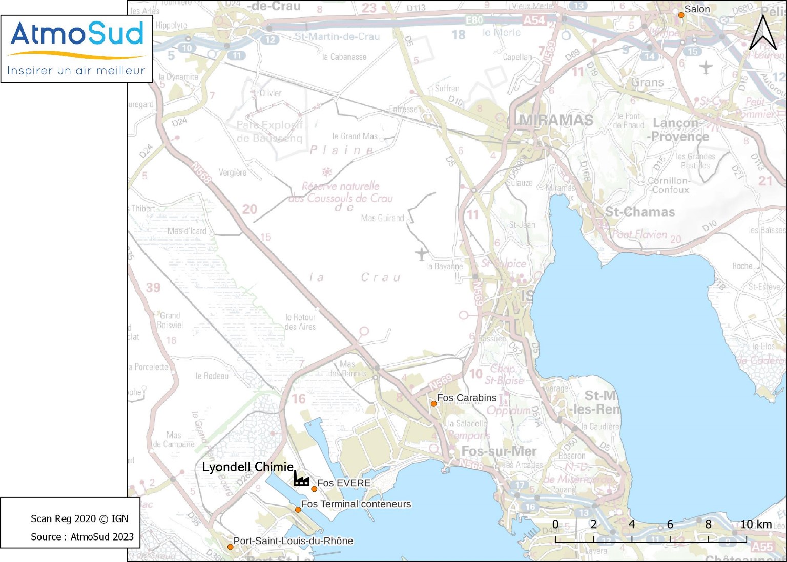 Implantation des points de mesure sur la Zone industrialo-portuaire de Fos-sur-Mer