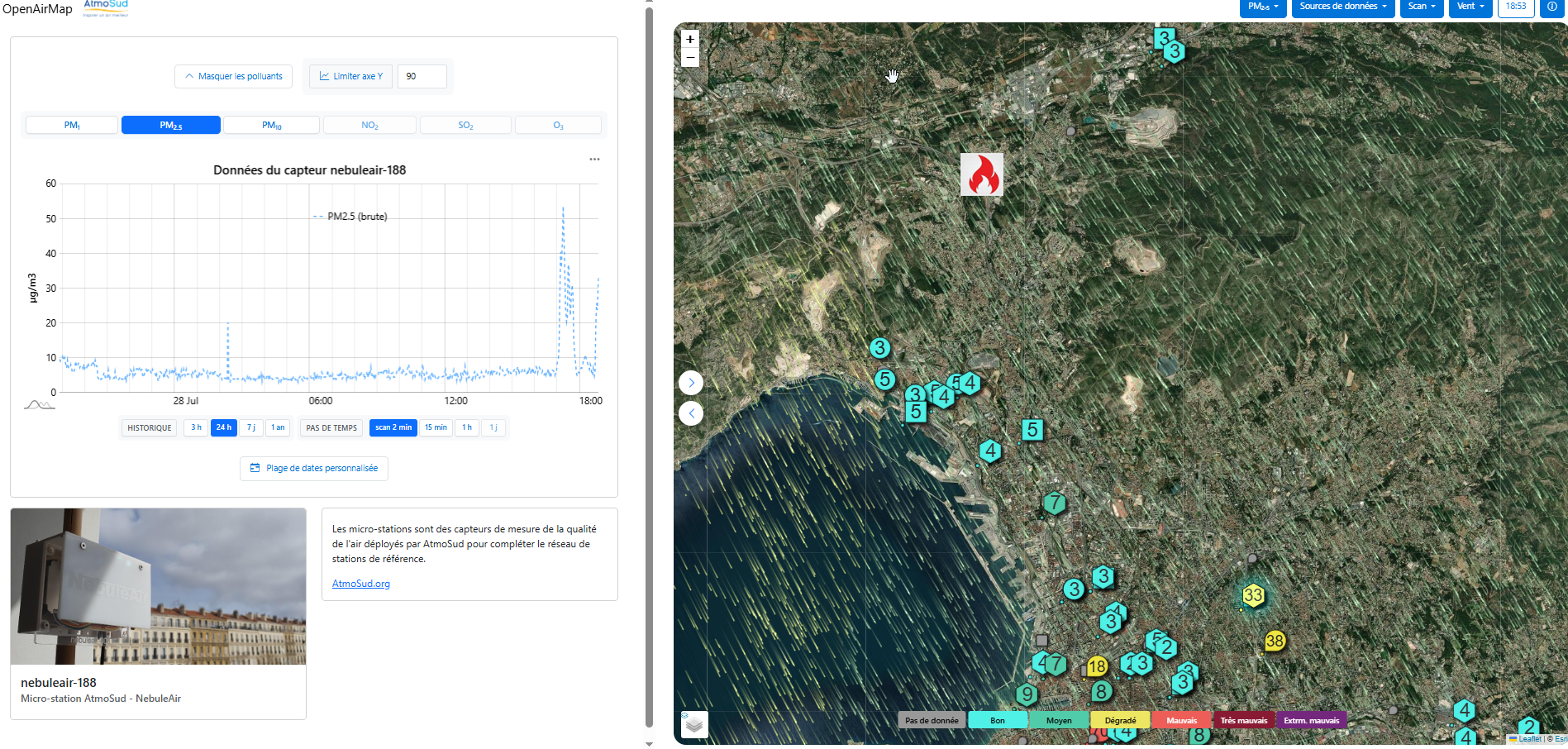Mesure des particules fines sur l'application openairmap lors de l'incendie des Pennes-Mirabeau du 28 juillet 2025