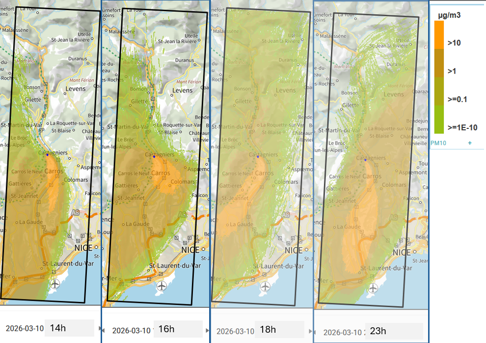 dispersion du panache de fumée incendie Carros 10 mars