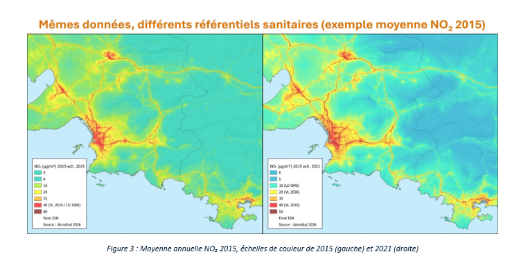 Figure 3 : Moyenne annuelle NO₂ 2015, échelles de couleur de 2015 (gauche) et 2021 (droite)