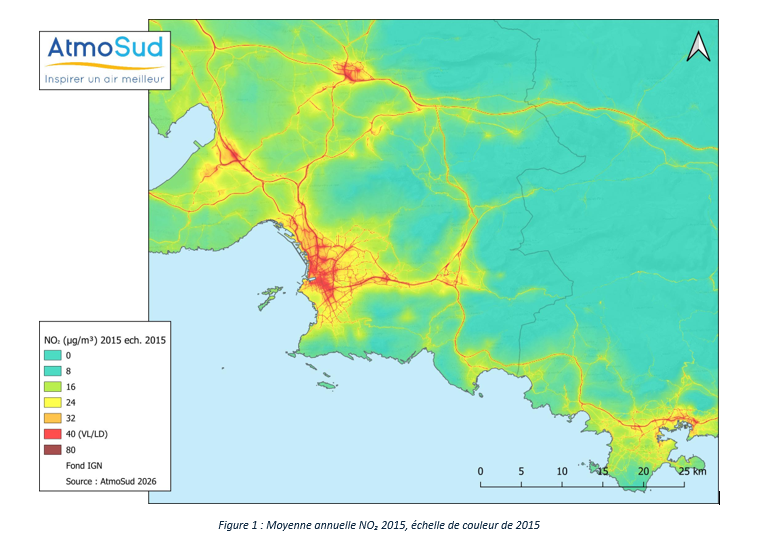 carte avec la moyenne annuelle NO₂ 2015 échelle de couleur de 2015