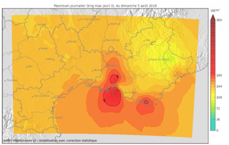  Concentrations maximales en ozone observées le 5 août à Sausset-les-pins 