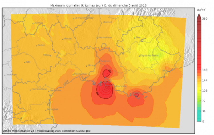 Concentrations maximales en ozone observées le 5 août à Sausset-les-pins