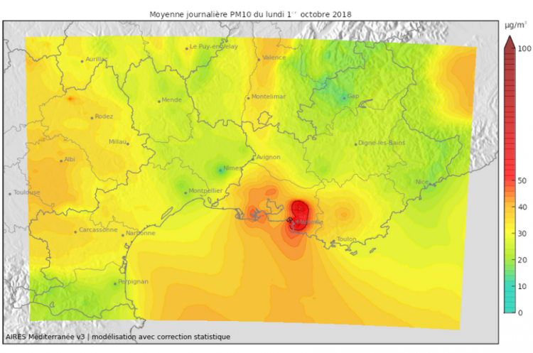 carte des moyennes journalières de PM0 le 1er octobre 2018 en région