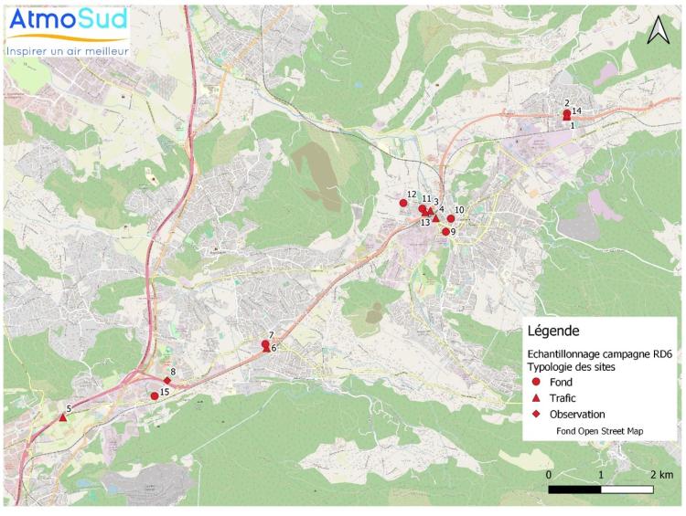 localisation des points de mesure NO2 - RD6 - 2024