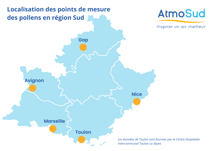 carte localisation point mesure pollens en région Sud - 2026