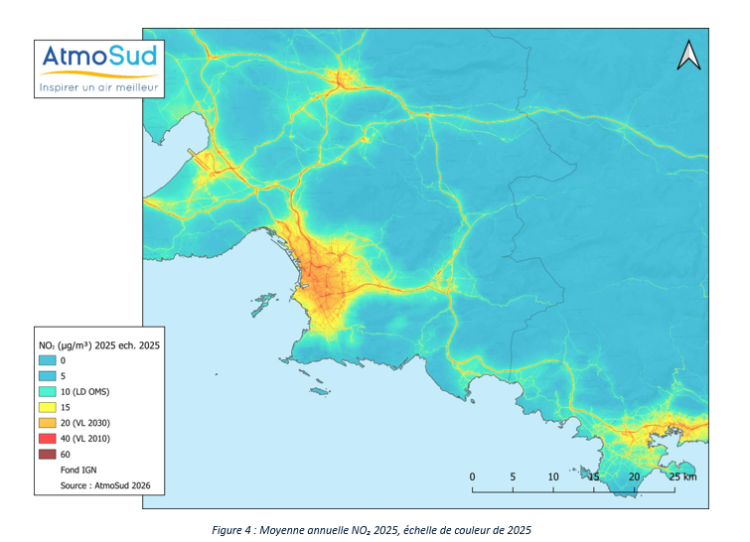 Figure 4 : Moyenne annuelle NO₂ 2025, échelle de couleur de 2025