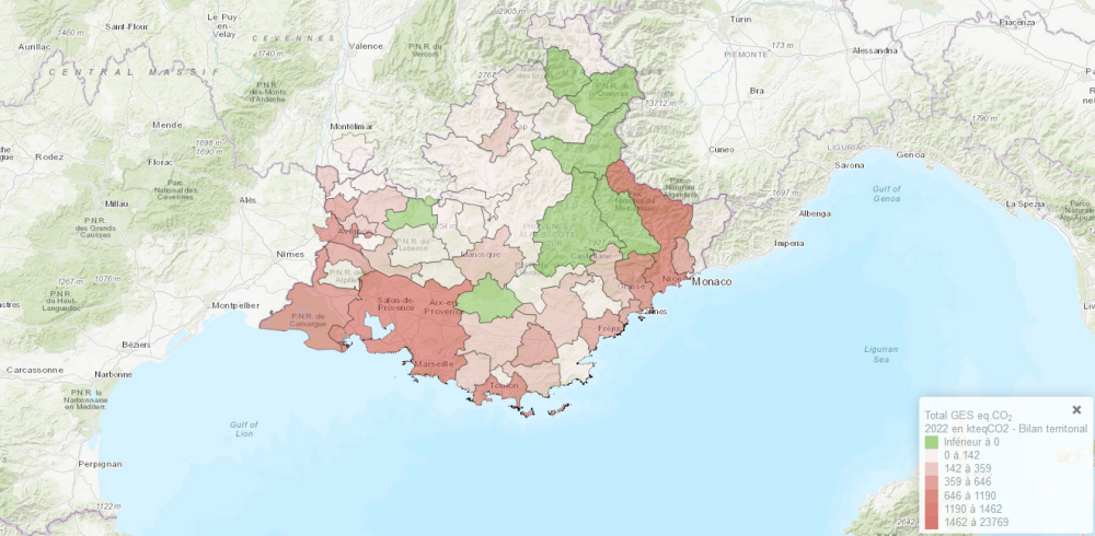 carte des émissions de GES par commune - 2022